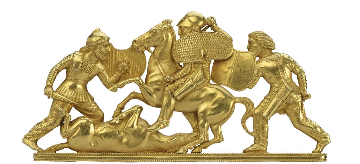 Scythian warriors in battle - golden relief from archaeological finds in Ukraine